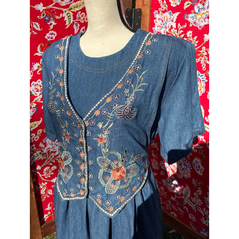 VTG 90's 100% Cotton Soft Denim Embroidered Western Prairie Maxi Dress Size L - Picture 14 of 16